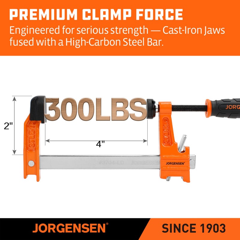 Jorgensen 2-Pack Steel Bar Clamp Set, 4-inch Light Duty, 300 Lbs Load Limit, for Woodworking - Image 3